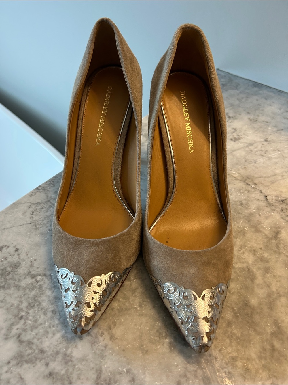 Badgley Mischka Taupe Suede Pointed-Toe Pumps with Silver Filigree